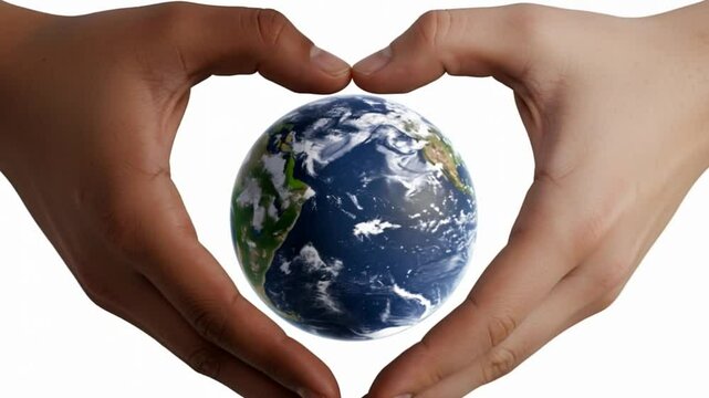 Hands making heart shape around globe