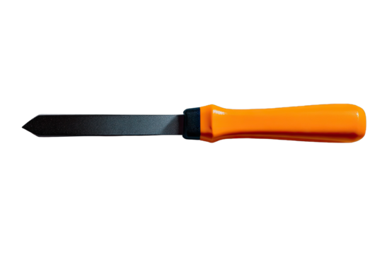Close-up of a narrow, black tool with an orange handle