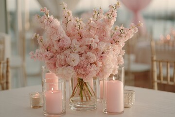 Elegant table setting with a lush floral centerpiece and glowing pink candles creating a warm and inviting ambiance, perfect for a romantic event or special occasion.
