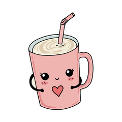 Coffee clip art of pink mug with heart, straw-topped iced coffee character, cute flat vector for drink branding
