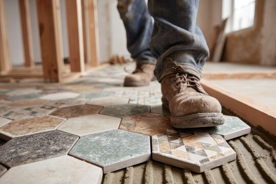 Close-up of a construction worker installing hexagonal tiles in a room, focusing on the patterned tiles and worker's boots with jeans in a renovation project.