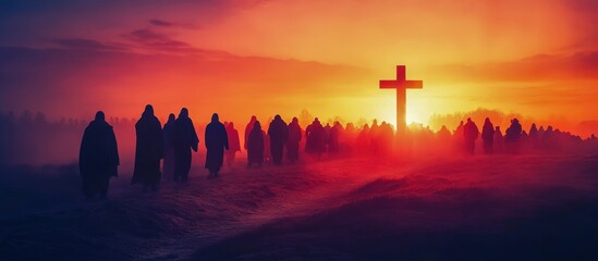 Easter religious procession silhouette at dawn abstract spiritual concept