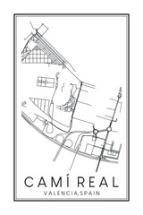 Hand drawn printable downtown road map poster of district CAMÍ REAL of the Spanish city of VALENCIA on solid white background with city name