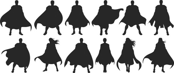Silhouettes of superheroes in cape poses, male and female heroic figures, comic book style, action character vector illustration set © Creative Asif