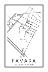 Hand drawn printable downtown road map poster of district FAVARA of the Spanish city of VALENCIA on solid white background with city name
