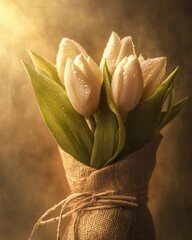 Easter tulip bouquet wrapped in burlap dewdrops on petals soft golden hour lighting