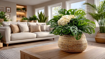White sofa with plant decor high resolution photo
