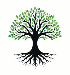 Fototapeta premium green tree silhouette ,Minimalist Symmetrical Tree with Roots and Canopy