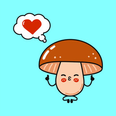 Loving cartoon Mushroom meditating in lotus pose, floating heart thought bubble above blue backdrop