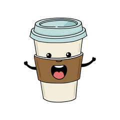Coffee clip art of tall takeaway cup with lid and large smile, cartoon pastel drink mascot design