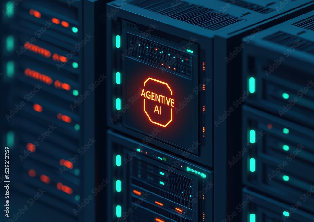 Poster close-up of server racks with glowing lights and a display reading 