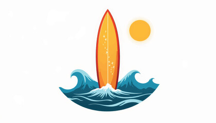 Vibrant surfboard against waves and sun, summer beach vibes