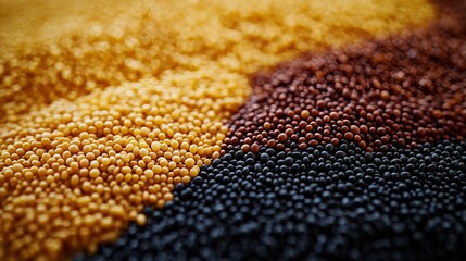 Vibrant Seed Spectrum: An eye-level macro shot presents a close-up view of different kinds of seeds, their varied textures, shapes, and tones adding visual interest.