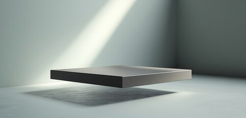 Matte grey floating geometric platform with device mockup and soft ambient light