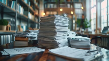 A cluttered table filled with stacks of paperwork, illustrating the chaotic yet familiar reality of busy office life, as documents await sorting and attention.