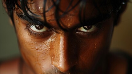 A striking close-up shot of a young man's intense eyes, characterized by sweat and emotion, reflecting determination and depth.