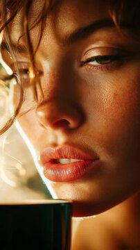 A close-up of a woman&rsquo;s face with striking eyes, parted lips, and soft lighting, holding a dark mug near her mouth.