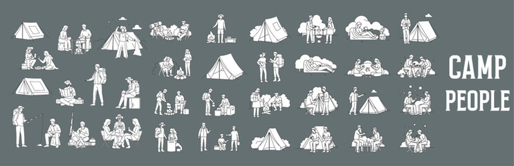 Camping People Vector Illustration – Hand-Drawn Men, Women, and Children in Outdoor Poses with Tents, Backpacks, and Gear for Architectural Drawings, Campsite Maps, and Recreational Design Projects

