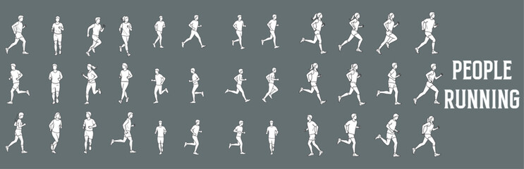 Running People Vector Illustration – Hand-Drawn Men and Women in Motion from Side and Front Views for Architectural Drawings, Urban Planning, and Active Lifestyle Design Concepts © MkJutt