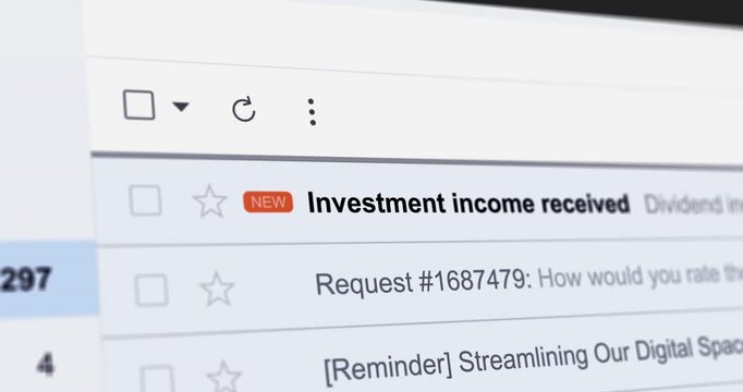 Incoming email with Investment income received title, new e-mail in inbox folder with interest payment or dividends notification, webmail interface close up footage