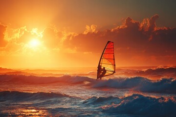 A vibrant sunset illuminates a windsurfer gliding across the ocean, with the golden light reflecting on the water, creating a serene and adventurous scene.