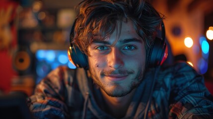 Obraz premium A young man wearing headphones gazes intently at the camera in a creative space, showcasing his engagement in music and modern technology amidst vibrant surroundings.