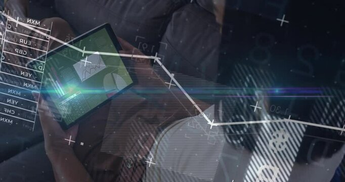 Upon dashboard loading woman holding tablet on sofa visualizing floating analytics animating chart - Powered by Adobe