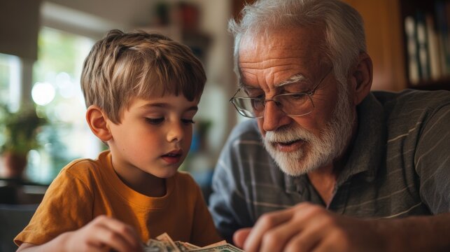 Caring grandfather teaching young grandson about saving money and financial planning at home for intergenerational wisdom sharing and future financial security. Family bonding moment.