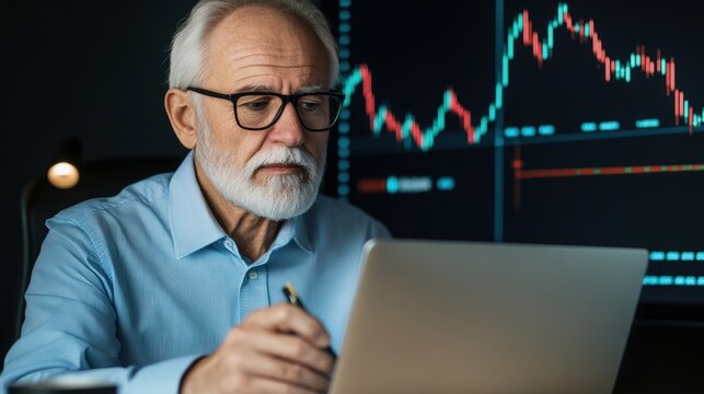 Senior businessman analyzing stock market charts on laptop computer at professional home office for retirement investment planning and portfolio growth management. Reviewing financial investment data.