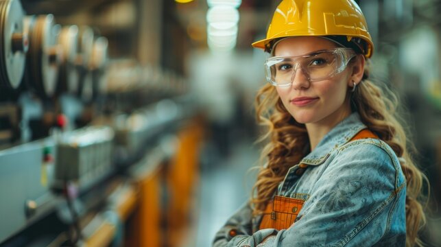 A confident female engineer stands in a bright industrial environment, showcasing women's empowerment and representation in engineering and technical fields.