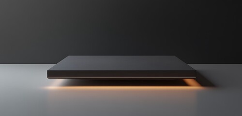 Matte grey floating geometric platform with device mockup and soft ambient light