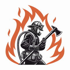 A silhouetted firefighter bravely stands within a fiery emblem formed by a curving firehose, symbolizing courage and fire service.