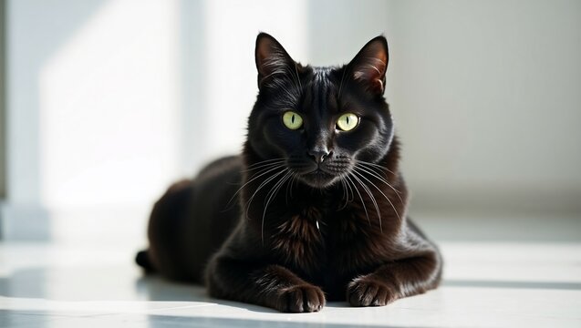 Elegant black cat resting in bright home for International Cat Day