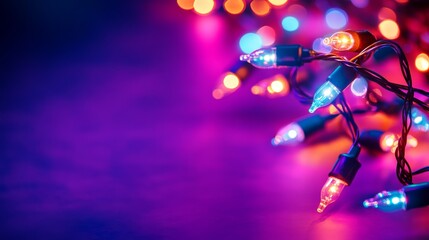 Colorful christmas lights glowing on vibrant purple background for festive holiday decorations, party atmosphere designs, seasonal greeting cards, and winter celebration visuals with copy space