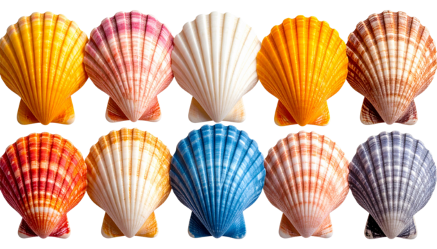 Colorful seashells in row, element isolated on solid white  background Png form