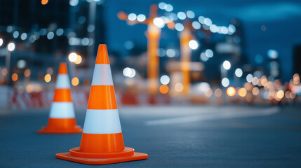 City Street Under Construction with Safety Features and Traffic Cones
