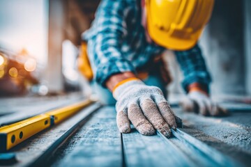 A construction worker carefully measures and aligns metal studs on a construction site, wearing a yellow hardhat and protective gloves, using a level for accuracy.