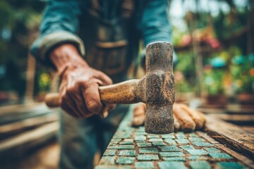 A craftsman using a hammer on a mosaic tile project, outdoors in natural light, showing work process, and old, rustic tools, with blurry background.