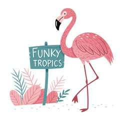A vibrant flamingo stands gracefully beside a beach sign simply reading 