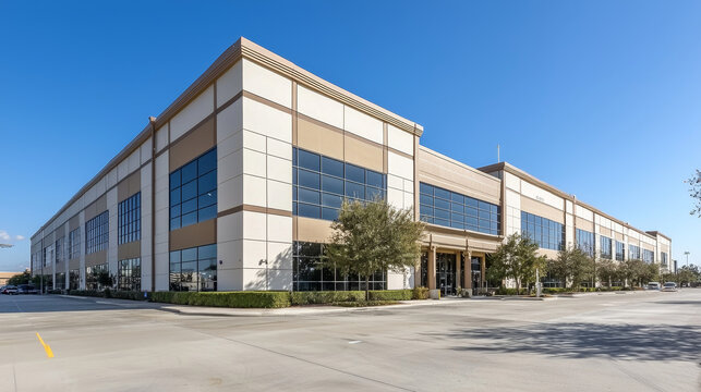 logistics center, headquarters or large office building under a blue sky