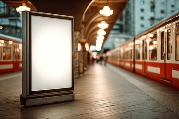 A blank billboard at a subway station platform with a train and warm lighting, providing an ideal space for advertising with ample visibility and potential reach.