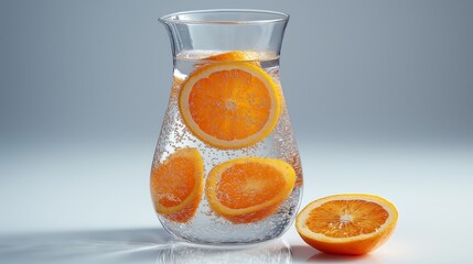 Citrus Infusion: Captivating a refreshing glass pitcher filled with ice water and slices of juicy orange. The vibrant colors and refreshing aesthetic invoke hydration.