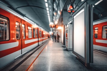 An Underground station platform with a modern train waiting, and a blank advertising space, ideal for a message or branding opportunity for advertisers.