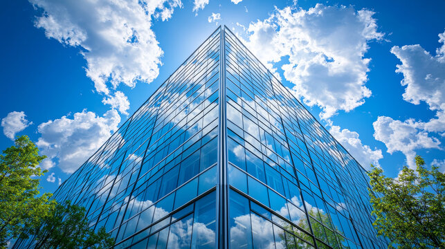 logistics center, headquarters or large office building under a blue sky