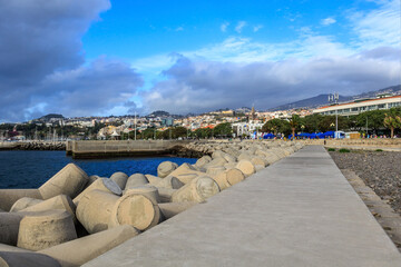 View of embankment and breakwaters in Funchal, Madeira, Portugal