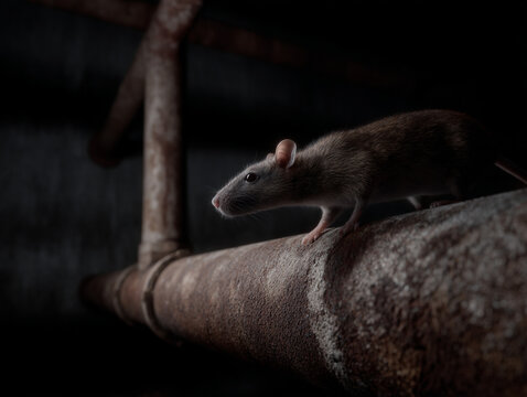 A rat running on a pipe.