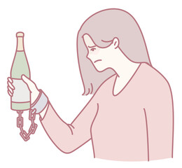An illustration depicting a woman restrained by chains while holding a bottle, symbolizing addiction.
