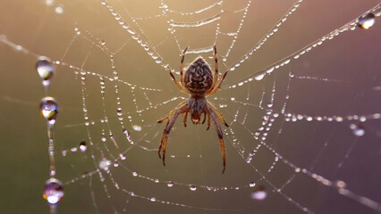 A beautiful spider and a web decorated with dew drops that shimmer in the sun, creating a glow effect. The background of the image is blurred, in a warm golden pink color scheme.
