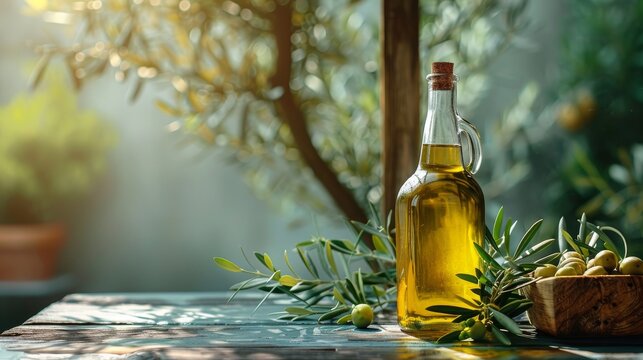 An elegant olive oil bottle placed beside fresh olives, embodying the essence of Mediterranean cuisine and healthy eating depictive of culinary simplicity and richness.