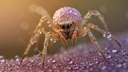 A beautiful spider and a web decorated with dew drops that shimmer in the sun, creating a glow effect. The background of the image is blurred, in a warm golden pink color scheme.